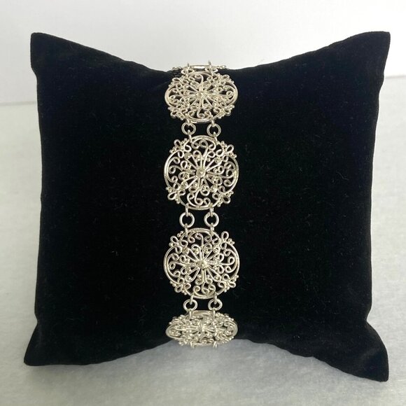 Sterling Silver 925 Round Scrollwork Filigree Link Bracelet & Dangle Earring Set - Picture 7 of 16